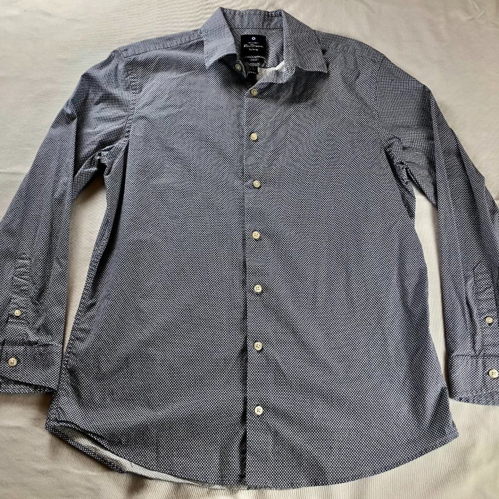 Ben Sherman Tailoring Stretch Button Down Shirt - Large - Blue White Dot